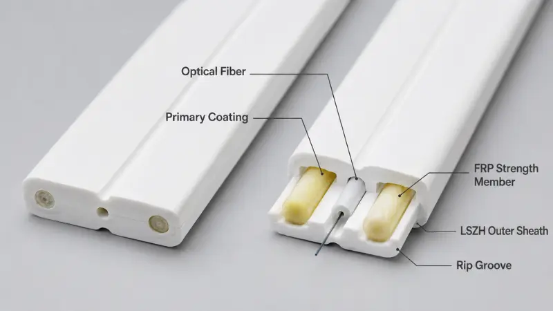 Cross-section of a flat FTTH drop cable showing the optical fiber, FRP strength members and outer sheath Cross-section of a flat FTTH drop cable showing the optical fiber, FRP strength members and outer sheath
