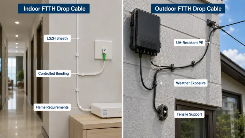 Indoor LSZH FTTH drop cable installation compared with outdoor UV-resistant drop cable installation Indoor LSZH FTTH drop cable installation compared with outdoor UV-resistant drop cable installation